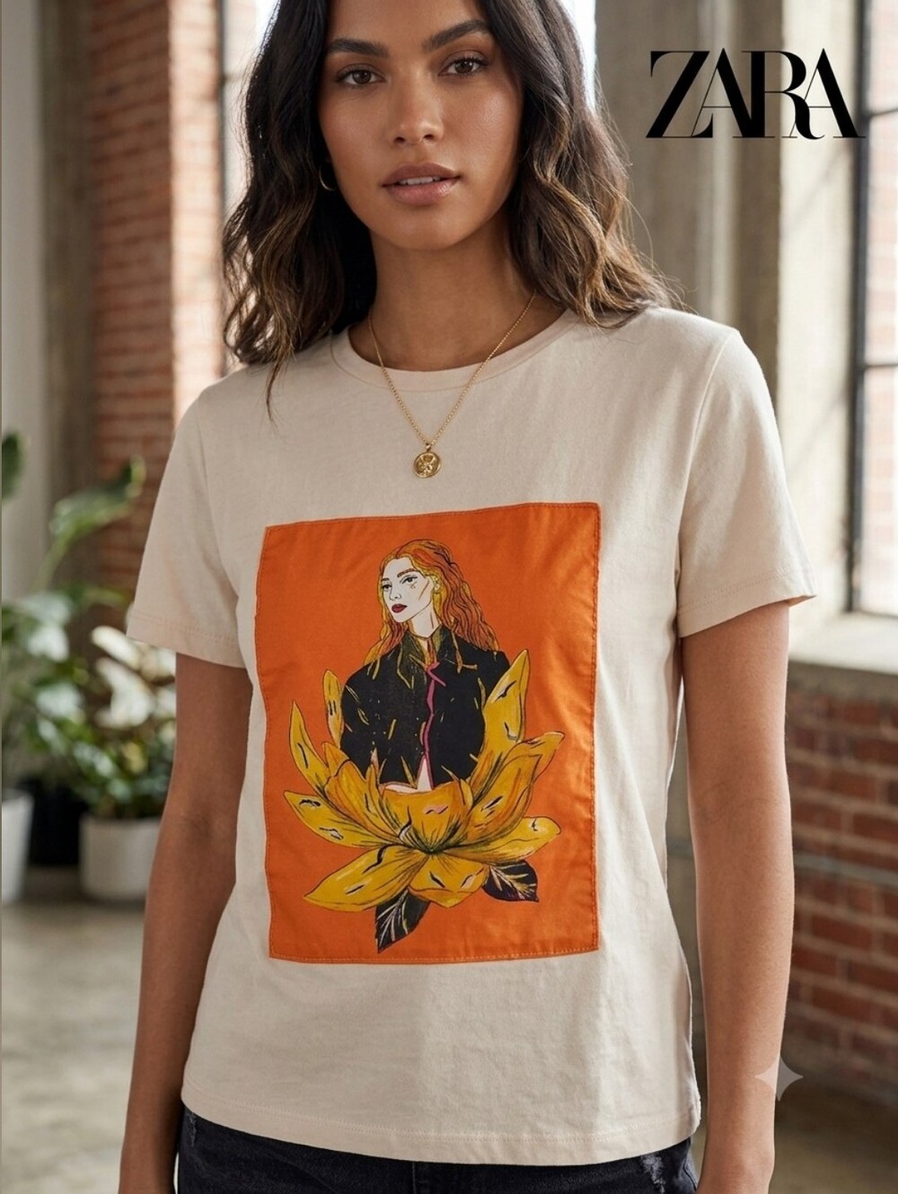 ZARA Women’s Cream Graphic Tee with Orange Floral Panel